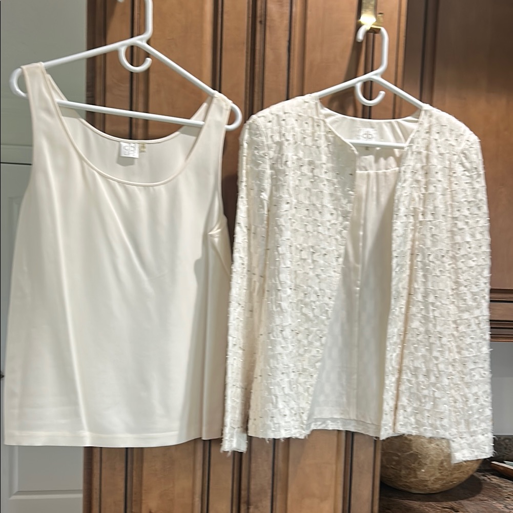 Elegant Cream Off White Silk Women's Tank And Cardigan Set Mini Pearl Details